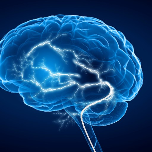 a blue brain with lightning coming out of it.