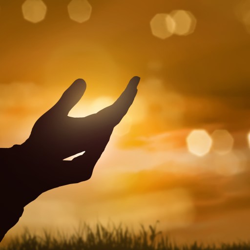 Silhouette of human hand with open palm praying to god at sunset background