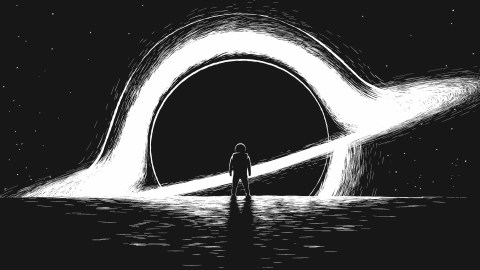 an astronaut contemplates a black hole