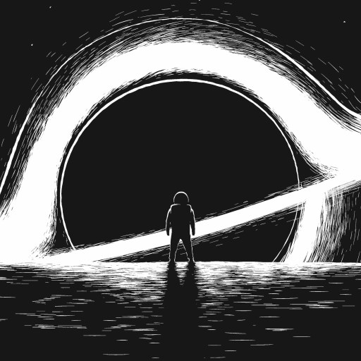 an astronaut contemplates a black hole