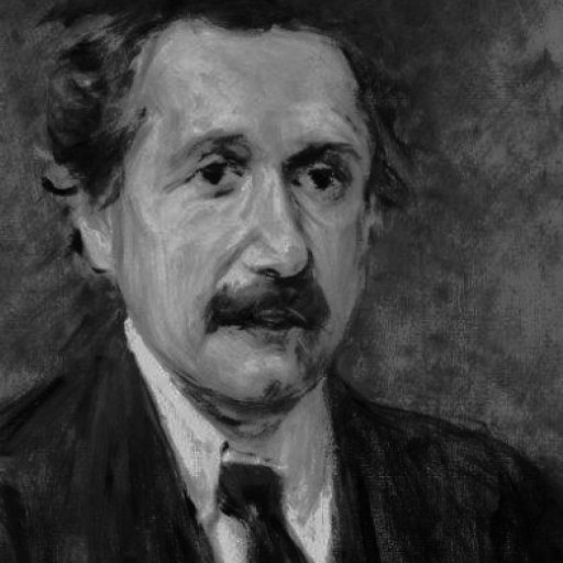 A black-and-white painting depicts a man with tousled hair, a mustache, and a suit with a tie, facing forward against a textured background.