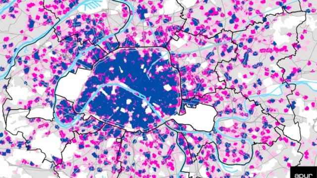 A map of Paris depicting access to bakeries, pharmacies, and news agents.