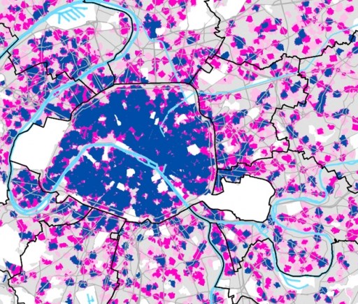 A map of Paris depicting access to bakeries, pharmacies, and news agents.