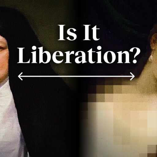 a painting of a woman and a man with the words is it liberation?.