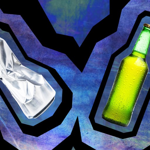 a bottle of beer next to a toilet paper roll.