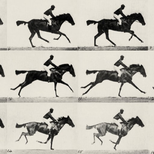 A sequence of black-and-white frames showing a horse and rider in motion, depicting various stages of a gallop.