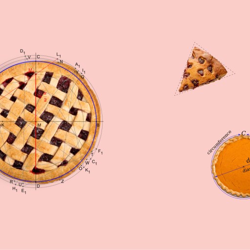 a pie and a slice of pie on a pink background.