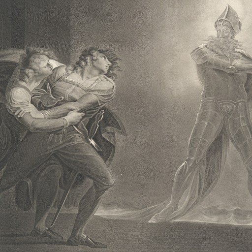 a black and white drawing of a man holding a sword.