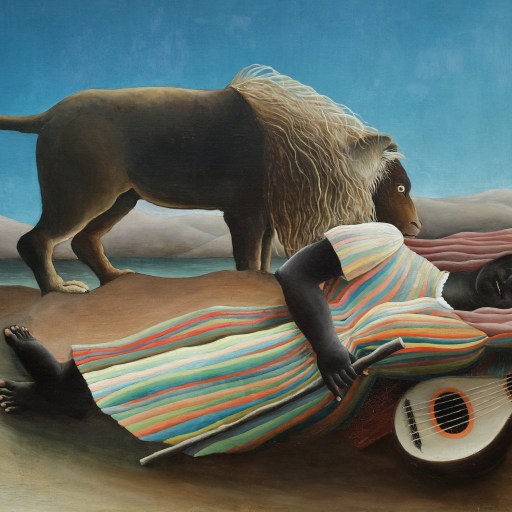 a painting of a man laying on a bed next to a lion.