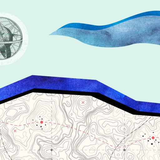 a drawing of a mountain and a satellite dish.