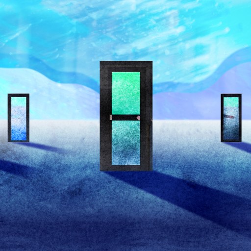 a group of open doors in front of a blue sky.