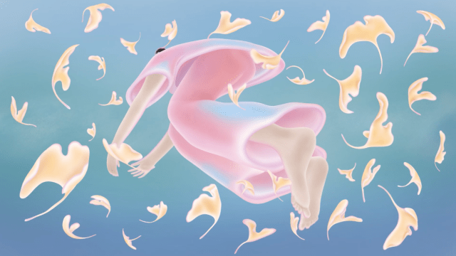 a digital painting of a woman floating in the air.