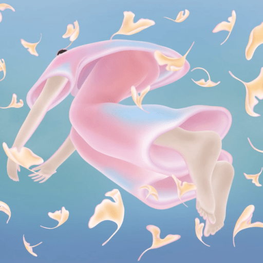 a digital painting of a woman floating in the air.