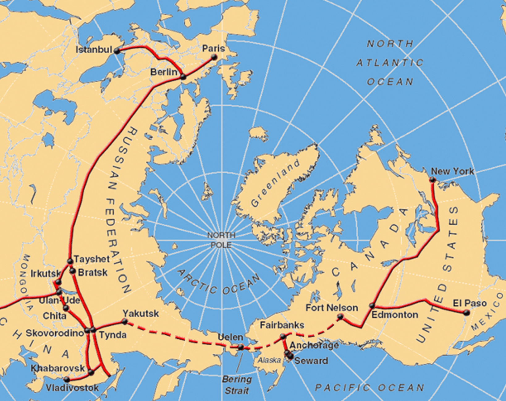 a map of the world with a red line.