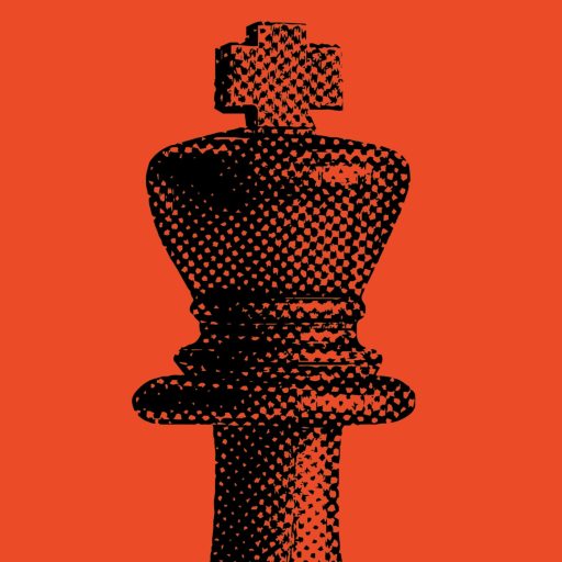 A black and red halftone illustration of a chess king piece on a solid orange background.