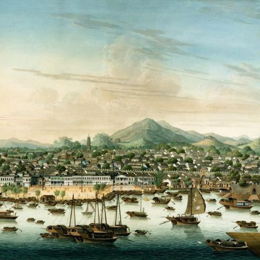 a painting of a city with boats in the water.