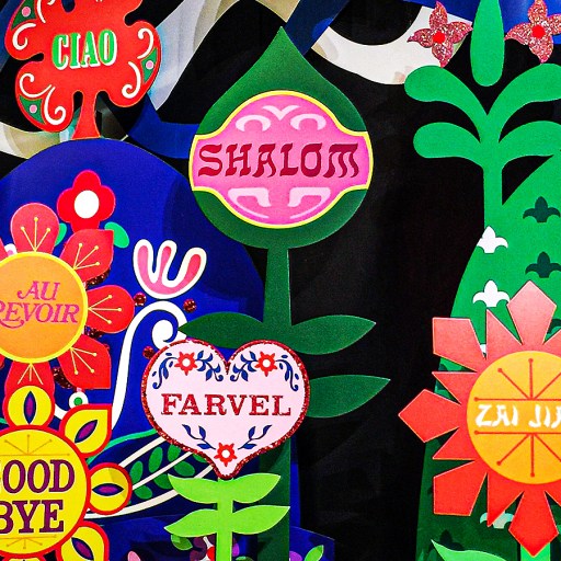 a bunch of colorful paper cut outs on a wall.