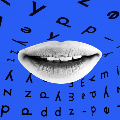 a woman's mouth with letters in the background.