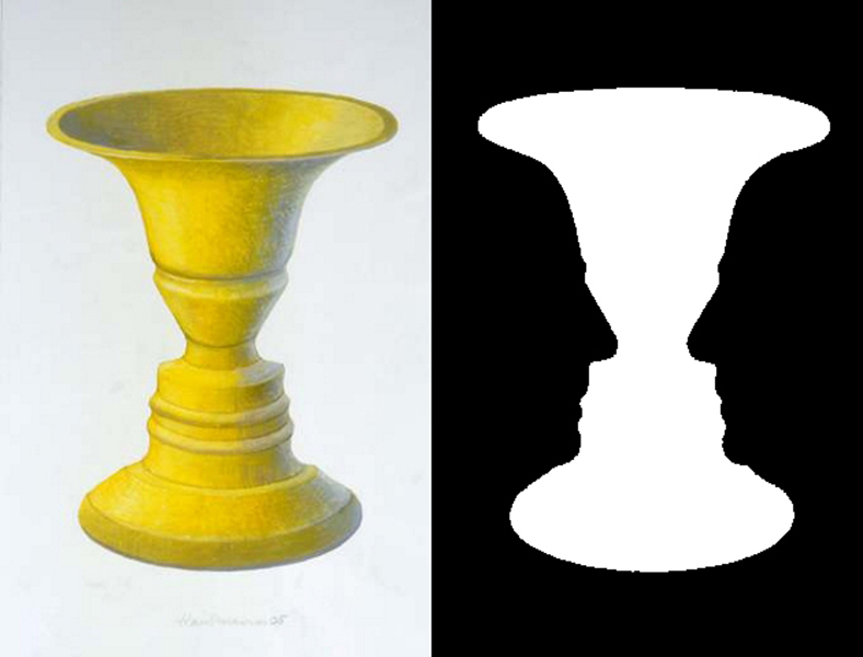 The brain is constantly trying to predict the causes of sensory inputs, and these predictions lead to perceptions. When the sensory inputs are ambiguous, the predictions can keep changing. In this case, your brain may predict that you’re seeing a vase — or two people facing each other. CREDIT: JOHN SMITHSON / PUBLIC DOMAIN a drawing of a yellow vase next to a drawing of a white vase.