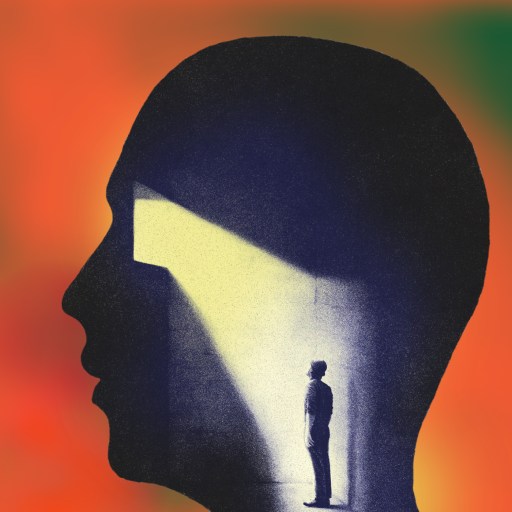 a silhouette of a person standing in front of an orange and green background.