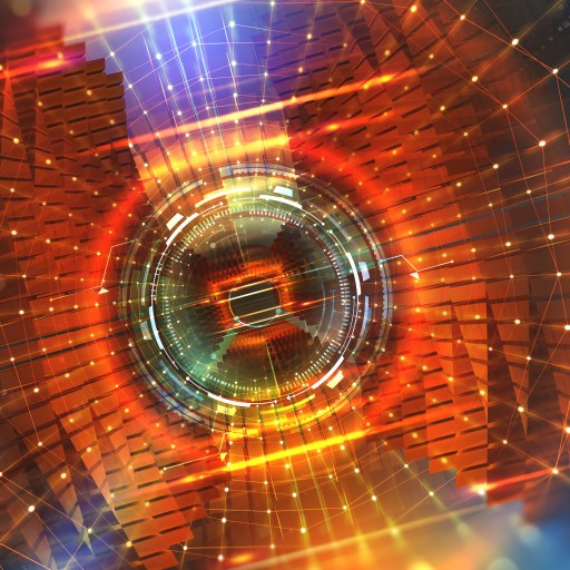 an abstract image of a circular object surrounded by lines and dots.