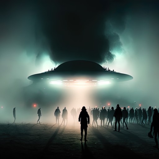 a group of people standing in front of a large UFO