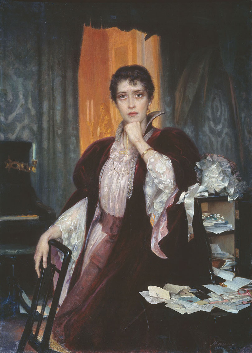 a painting of a woman sitting at a desk.