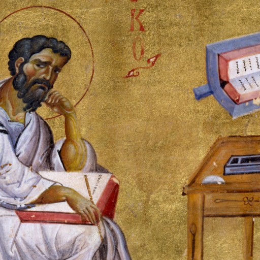 a painting of a man sitting in front of a desk.