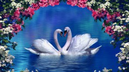 a painting of two swans swimming in a lake.