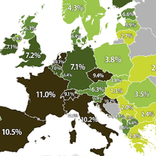 a map of europe showing the percentage of people in each country.