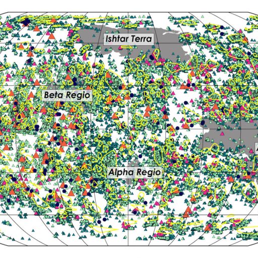 a map of volcanoes on Venus with different colored dots.