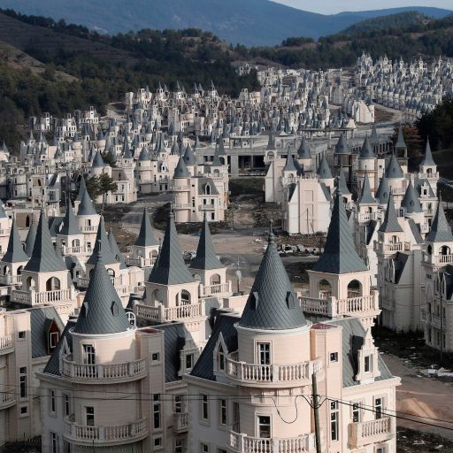 an aerial view of a castle like area with mountains in the background.