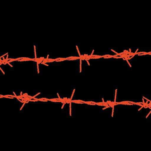 Two parallel strands of orange barbed wire set against a black background.