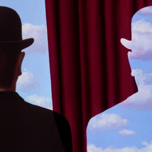 A person in a bowler hat stands before red curtains; next to them is a silhouette with a sky and clouds pattern matching the background.
