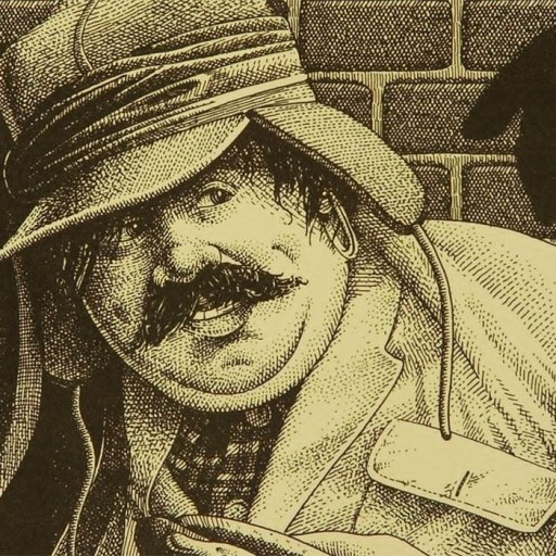 a drawing of a man with a mustache and hat.