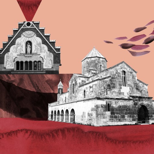 a painting of a building with a red sky in the background.