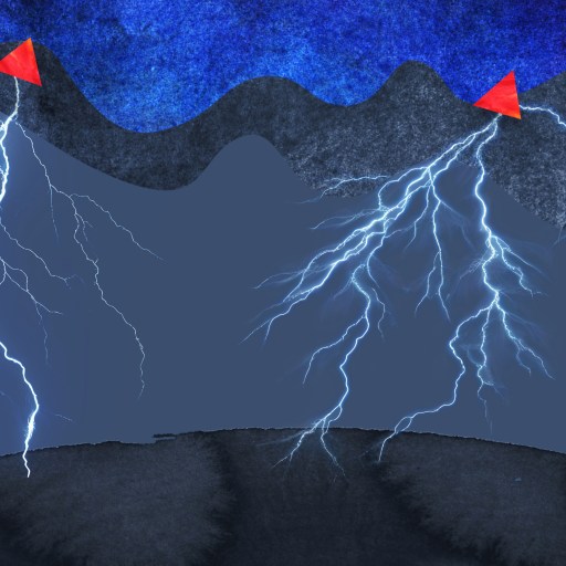 a drawing of lightning striking over a mountain.