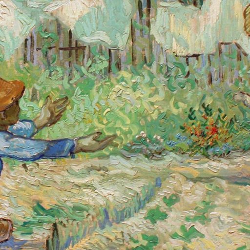 a painting of two people in a garden.