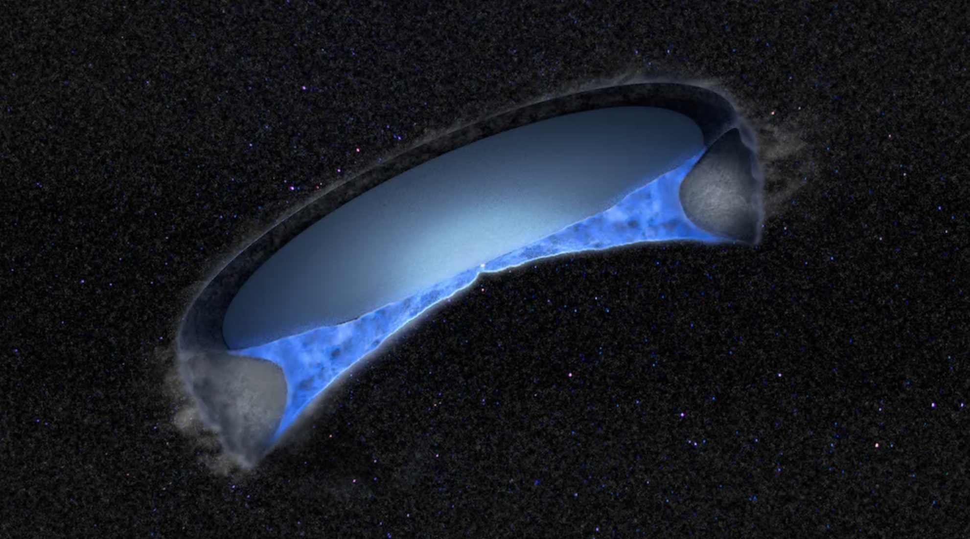 a black background with a blue object in the middle of it.