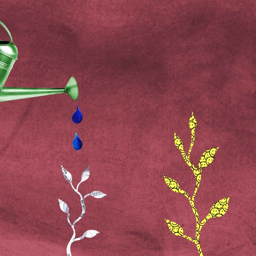 a painting of a watering can and a plant on a red background.