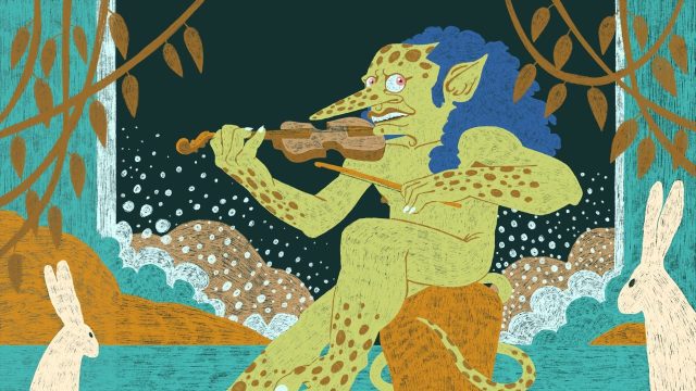 a drawing of a man playing a violin.