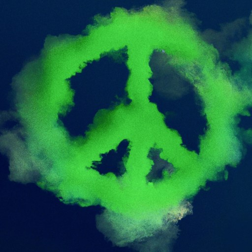 a green peace sign on a black background.