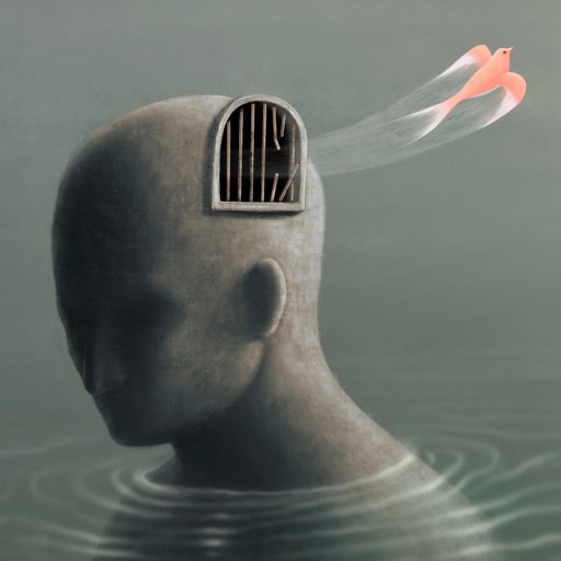 a man's head with a bird flying out of it.