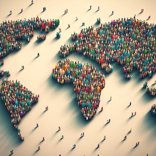 a group of people standing in the shape of a world map.