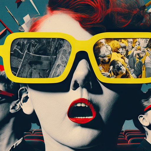 a woman with red hair and yellow glasses.