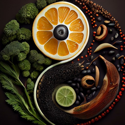a plate of food with oranges, black beans, broccoli, and.