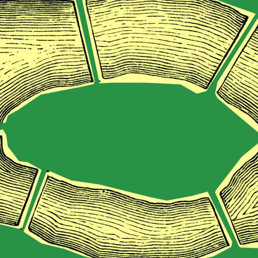 Abstract illustration of segmented, wood-textured shapes arranged in an oval formation on a green background.