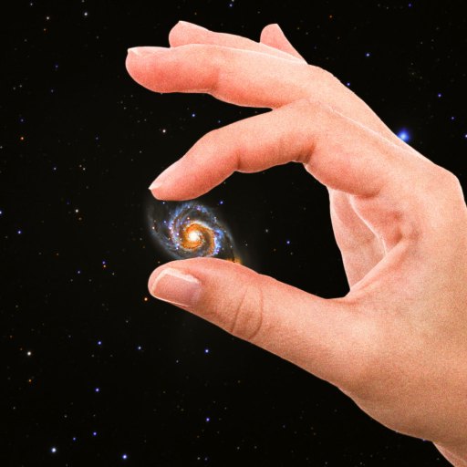 A hand pinches a small spiral galaxy between its fingers against a background of stars in space.