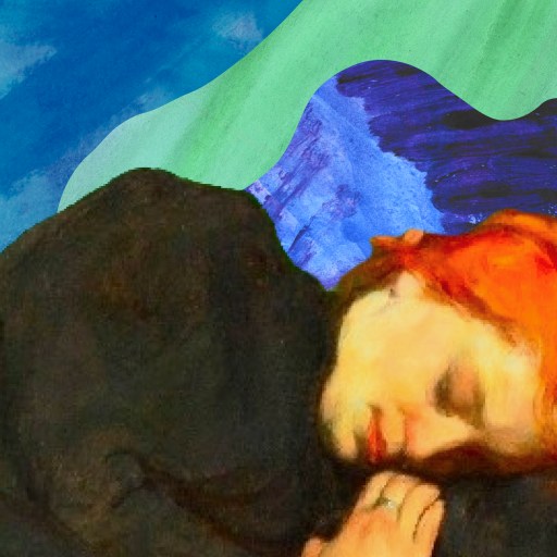 a painting of a woman laying down with her head on her hands.