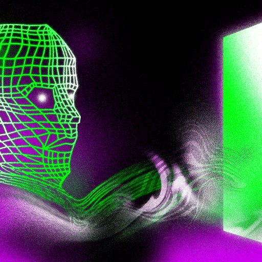 a computer generated image of a man's head in a doorway.